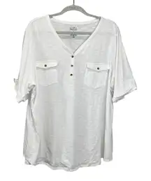 Croft & Barrow Top Size 3X White V-Neck Short Sleeve Henley Pullover Classic