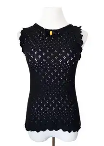 Maje Bow Crochet Eyelet Sleeveless Crew Neck Sweater Top Black 1 (US Small)