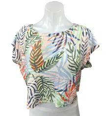 Tahari Multicolor 100% Linen Tropical Leaf Loose Fit Crop Blouse Top Size L