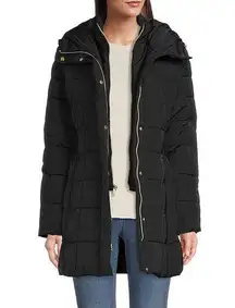 Cole Haan Black Signature Shawl Hooded Bibbed Puffer Coat | S