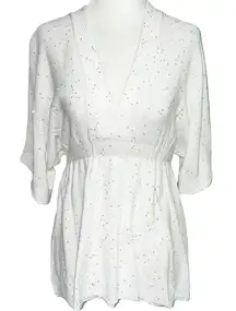 New  Silver Sequin Knit V-Neck Short Sleeve Sweater Linen Cotton White