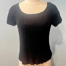 Carlisle Black Fib Knit Ribbon Trim Short Sleeve Lightweight Sweater Top Size M