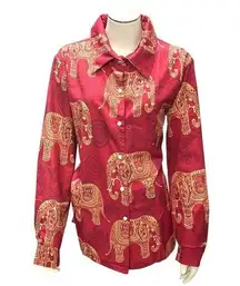 Vintage Red Elephant Print Long Sleeve Button Up Shirt Size Large Stylish Travel