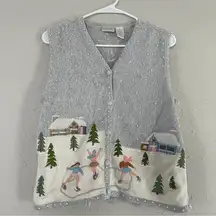 Vintage Erika Grey Pearl Ice Skating Winter Holiday Ugly Christmas Sweater Vest