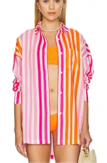 BEACH RIOT ALEXA STRIPED BUTTON DOWN TOP SHIRT COVERUP PINK ORANGE STRIPES XL