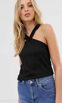 Halter Neck Rib Knit Top In Black M