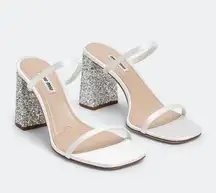 Miu Miu NIB Calzature Donna White Glitter Block Heel Sandals Size EU 39.5/US 9.5