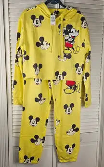 NWT Disney Womens Yellow Mickey Mouse Hoodie & Jogger Pants Sweatsuit Large