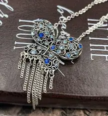 Vintage Women’s Bohemian Stainless Steel Butterfly Blue Rhinestone Necklace 19”