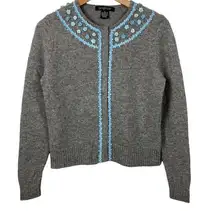 Paraphrase Small Sweater Cardigan Wool Embellished Snap Front Blue Gray Floral