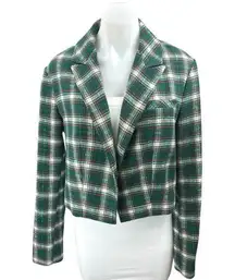 And Now This Women's Green Plaid Checkered Flannel Crop Blazer Coat Jacket Sz M