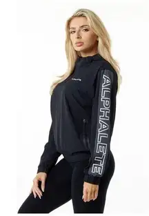 ALPHALETE Women’s EXP Tech Windbreaker- Black Matter, Size Small