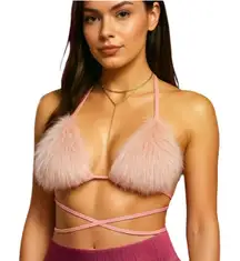 J. Valentine Womens Festival Pink Fuzzy Fur Triangle Bikini Halter Crop Top S/M