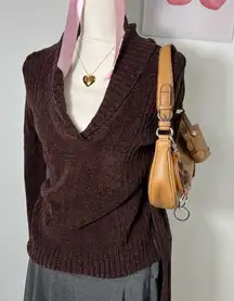 Energie‎ Deadstock Vintage Y2K Brown Chenille Shawl Neck Sweater Knit Medium