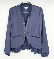 Sundance Caroline Ruffle Military Velvet Blazer Size Large Navy