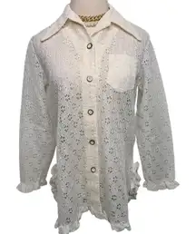 Vintage 70s Daisy lace ruffle off white wide collar button down blouse size M