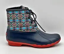 Saltwater Textile Navy Coral Aztec Print Snow Rain Duck Boots Women’s 8