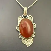 Vintage Handcrafted Silver Carnelian Cabochon Natural Stone Pendant 13.4g.