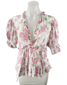 Mable Multicolor Floral Short Puff Sleeve Ruffle V Neck Peplum Blouse Top Size M