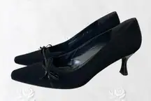 Stuart Weitzman 90s Designer Black Pointy Elegant Pointy Bow Kitten Heels US 7