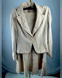 Insight Women's Beige Frayed Linen Cotton Jacket Dress Suit Set blazer