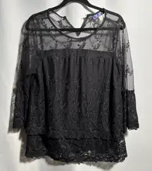 Black Floral Lace Top Sheer Whimsigoth Bell Sleeve Witchy Dark Romantic Lined S‎