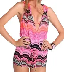 Luli Fama Women’s Size XS Pink Champagne Zig Zag Crochet Hoodie Romper