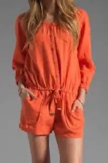 Juicy Couture Orange Linen Cotton Romper XS – Button Front, Drawstring Waist