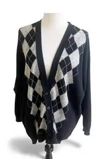 Land’s End Vintage Women’s Argyle Cardigan Sweater Lambswool Black Gray Size XL