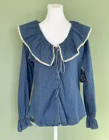 Vtg Denim Shirt Big Lace Collar Cottagecore Cowgirl Granola Girl Lace Up Sz L M​