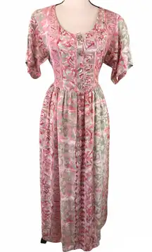 Vintage 90s Carol Anderson Pink Beige Abstract Watercolor Babydoll Midi Dress Medium