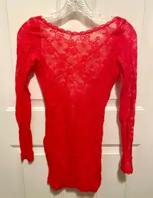 Victoria’s Secret long sleeve red semi sheer lace slip with crisscross back