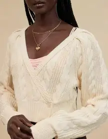 Aerie Chunky Knit Puff Sleeve Cropped Cardigan Sweater Ivory Cream White Trendy