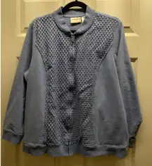 Alfred Dunner Women's Size 18W Blue Eyelet Detail Knit Full Zip Jacket Sweater
