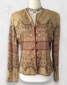Adrianna Papell Whimsygoth Gold Burgundy Floral Beaded Silk Blazer Jacket 6 / S