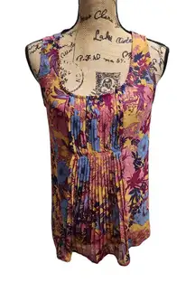 LOFT Vibrant Floral‎ Pleated Tank Top Sleeveless Blouse Summer Boho Chic