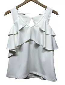 Trina Turk‎ Womens Top Sz XS Ruffle Cut Out Cold Shoulder Sleeve White V-Neck