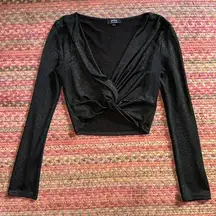 Privy  BLACK GOLD GLITTER TWIST FRONT LONG SLEEVE CROP BLOUSE