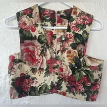 NWT Zara v-neck crop top, cream/green/pink brocade floral design, zip back; XS