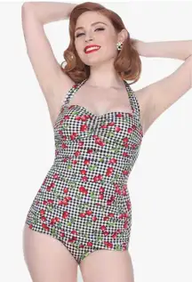 Bettie Page Sarong Cherry Plaid Swimsuit Pinup Retro Rockabilly Red White Size 4