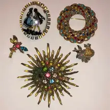 Flawed Vintage CZ Rhinestone Ceramic Cameo Starburst Bird Brooches