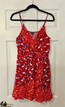 Women's Red Multi Floral Sleeveless Faux Wrap Mini Dress Ruffle