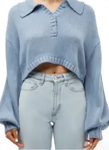 WeWoreWhat Womens Oversized‎ Cropped Chunky Knit Polo Sweater Size S Storm Blue