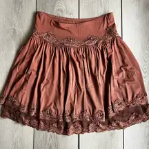 bebe y2k 2000s lace silk trim layered mini skirt stretch mink brown medium