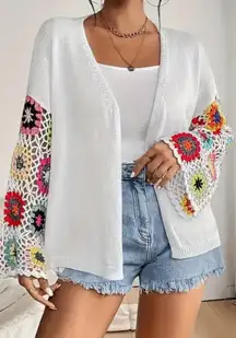 Boho White Open Front Cardigan Crochet Bell Sleeves Lightweight Sweater. Medium