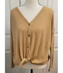 American Eagle AEO Light Brown/Yellow Waffle Knit Button Down Long Sleeve Tie Fr