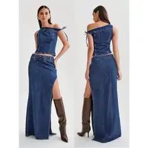 Meshki Ramsey Denim Off Shoulder Top & Maxi Skirt With Split Set Dark Blue XS