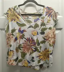 C&C California Size XL Linen Floral V-Neck Cap Sleeve Asymmetric Hem Cropped Top