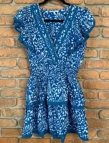 Blue Island Floral Print Mini Dress Cover-Up Summer Boho Tiered Ruffle Cotton S