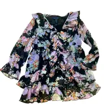 Boston Proper Floral Ruffle Whimsy Large Button Blouse